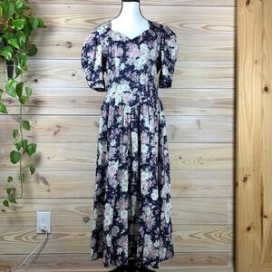 Laura Ashley Floral Maxi Dress Women 10 Floral Cottage Puff Sleeve Vintage UK